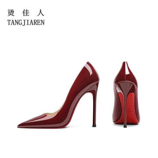 Lacquer leather wine red high heels, women's thin heels, sexy shallow mouth, large size, spring and autumn new pointed toe