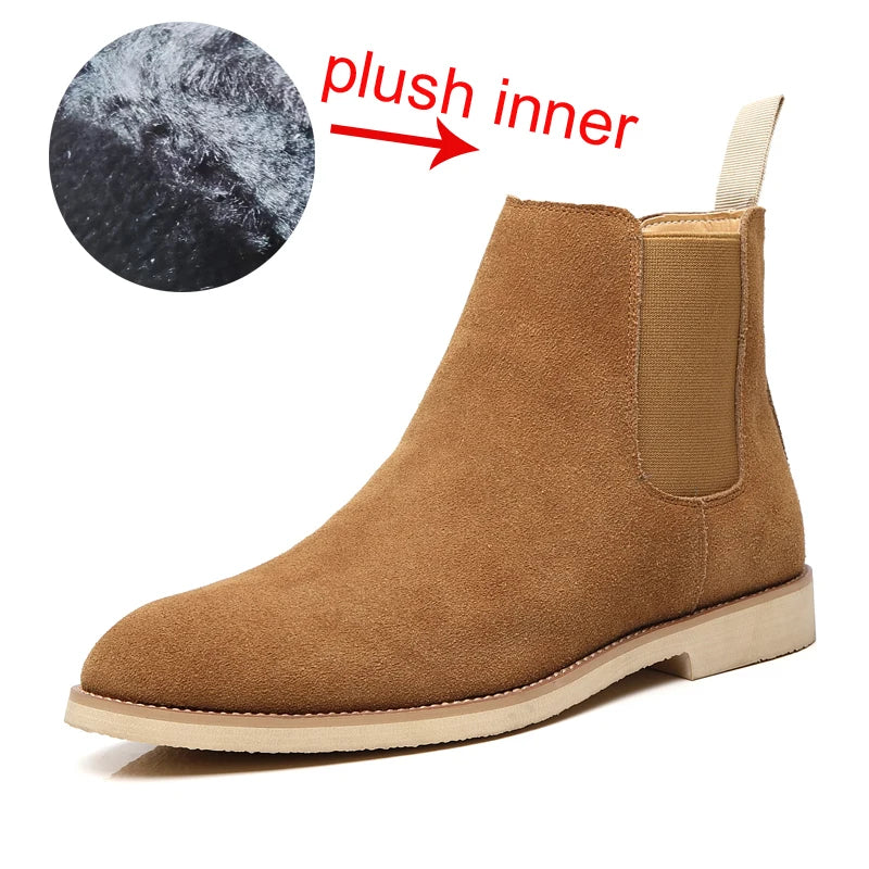 British Style Men's Genuine Suede Leather Chelsea Boots High-top Business Dress Shoes Fashion Warm Winter Men Riding Boots