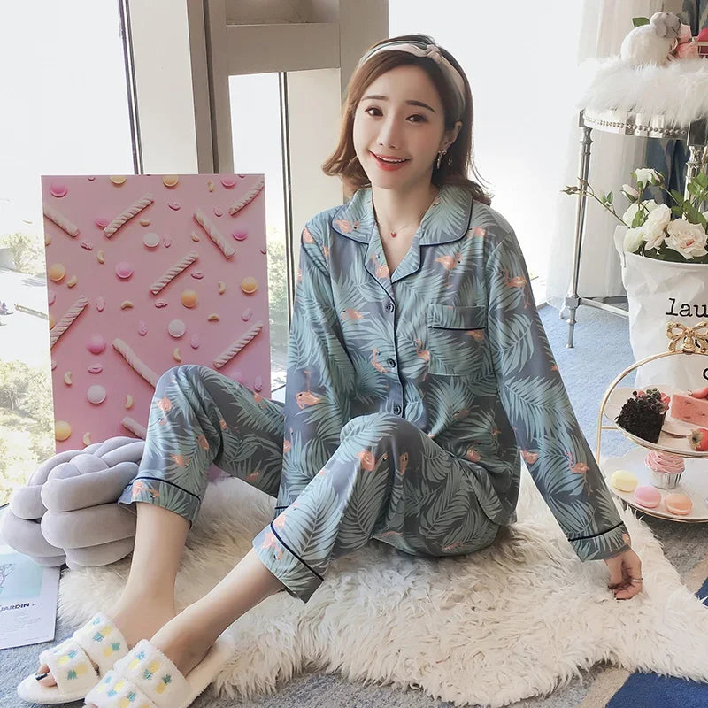 Women's Pajamas Set V-Neck Button down Top and Trousers Sleepwear Homewear Casual Nightwear Loungewear Autumn Winter Two-Piece