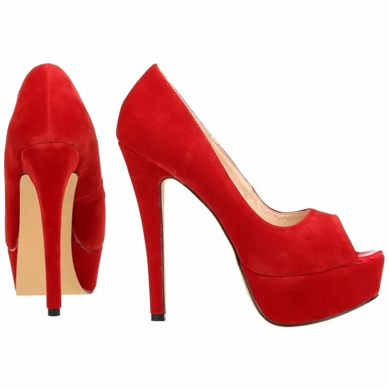 Women Pumps New Fashion 14cm Sexy Peep Toe High Heels Velvet Platform Thin Heel Lady Party Dance Red Wedding Woman Shoes