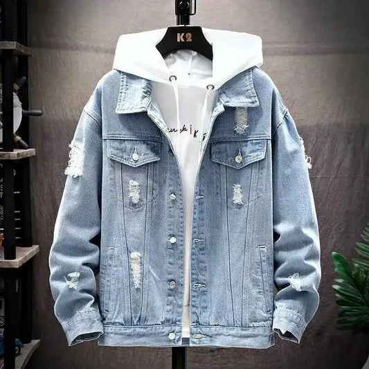 Denim Jacket Ripped Hole Single Breasted Coats Spliced Outerwear Jackets Pockets Casual Loose Washed Distressed