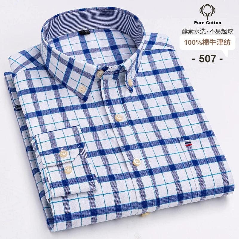 100% Cotton Oxford Men's Shirts Long Sleeves Plaid Soft Regular Fit Formal Dress