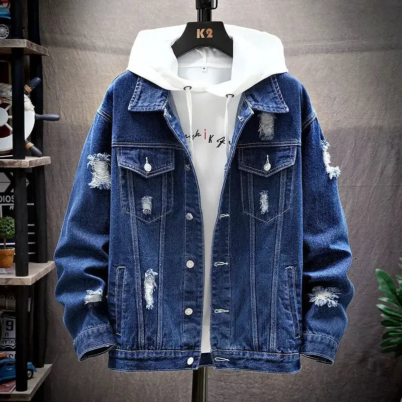 Denim Jacket Ripped Hole Single Breasted Coats Spliced Outerwear Jackets Pockets Casual Loose Washed Distressed