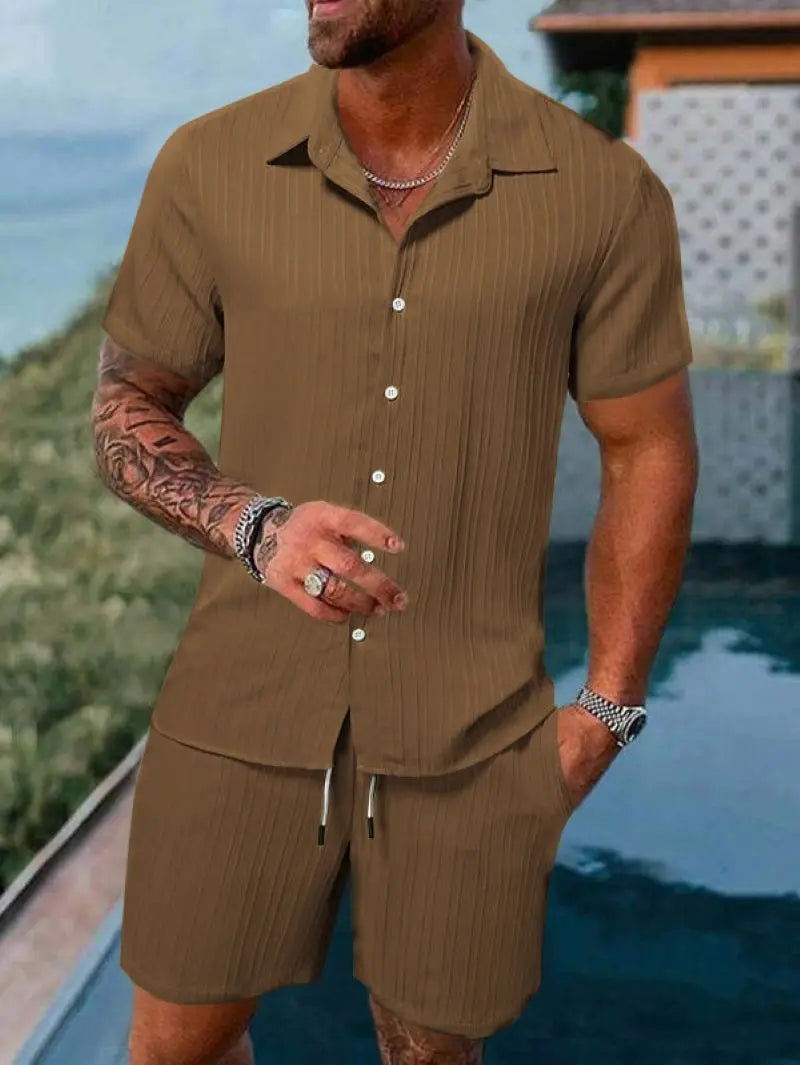 Men's Beach Suit, Striped and Solid Color Short Sleeve Shirt with Shorts, Sports Casual, Breathable, Lightweight, High-Quality Men's Wear.