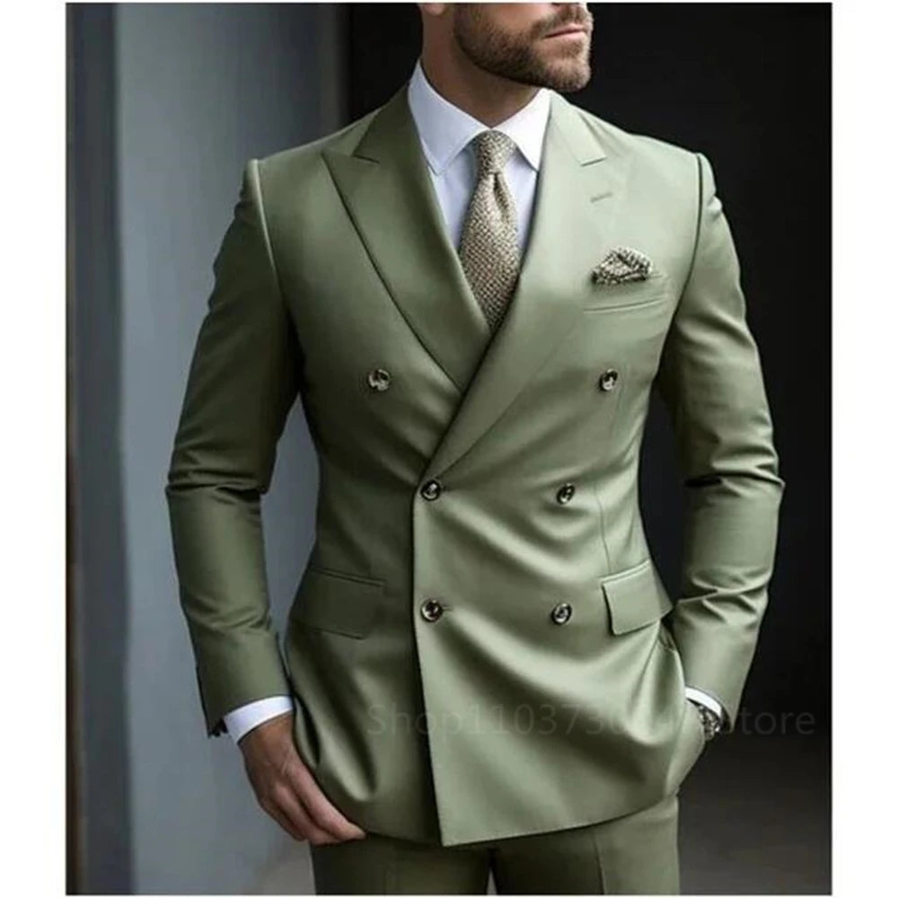 2 Pieces Men Suits Set Fashion New Men's Formal Business/Wedding Groom Suits Peak Lapel Double Breasted Blazer Trousers