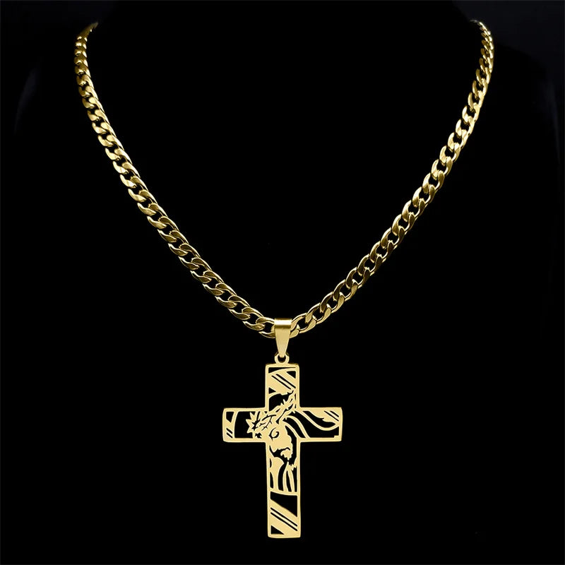 Hip Hop Punk Crown of Thorns Jesus Cross Necklace for Men Stainless Steel Gold Plated Crucifix Pendant Necklaces Jewellery