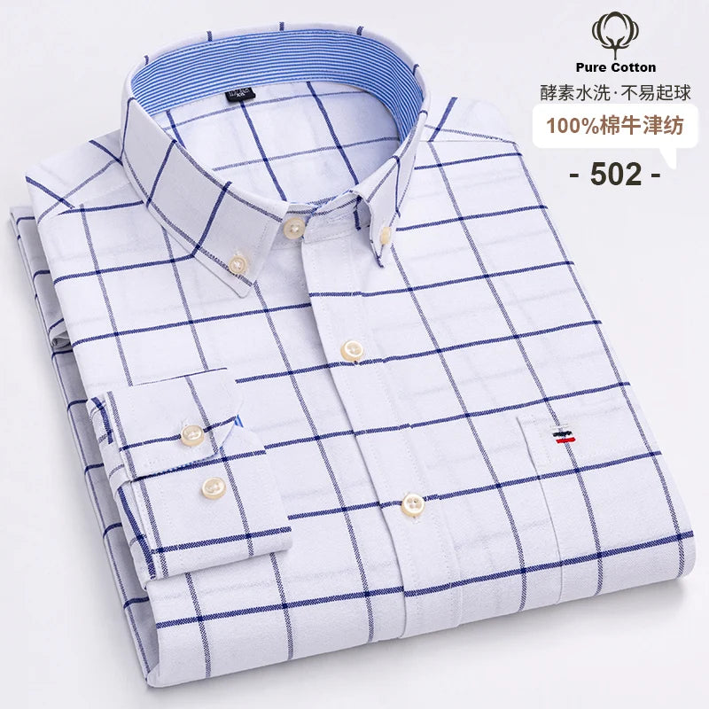 100% Cotton Oxford Men's Shirts Long Sleeves Plaid Soft Regular Fit Formal Dress