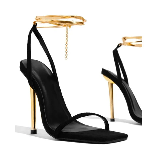 New Women heels Sexy Gold  High Heels Sandals Thin Single Strap Metal Stiletto Sandals Gold Heel Shoes Tacones altos