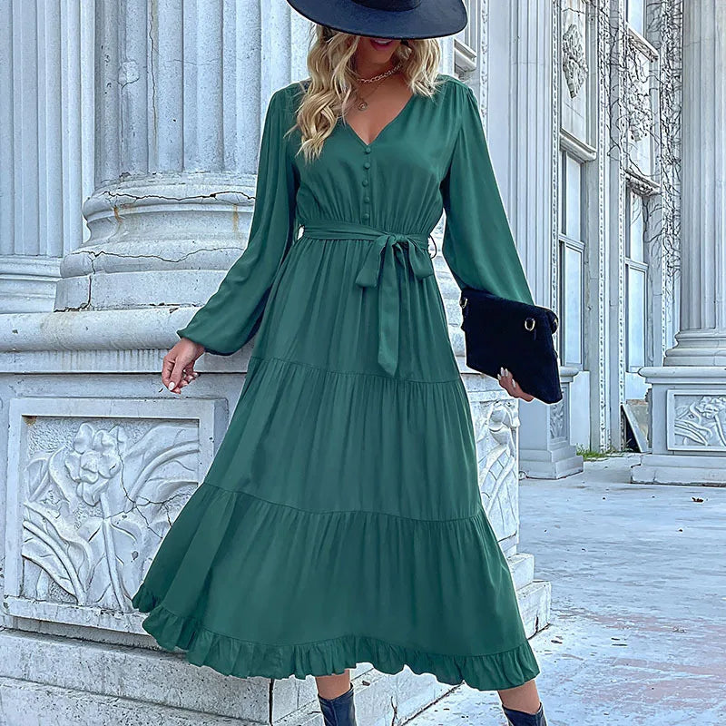 Women Casual Long Sleeve v Neck Fall Dress Bohemian Ruffled Relaxed Fit Solid Maxi Dresses Tiered Cocktail Dress