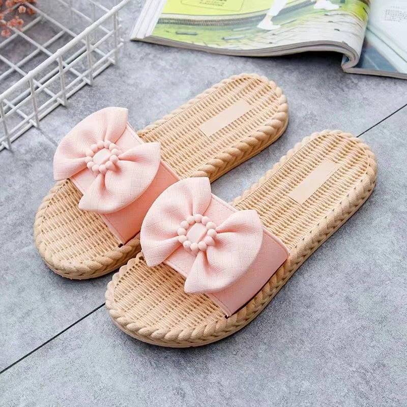 PVC Bow Women Sandals 3cm Thick Casual Shoes One line Elevated Flat Bottom Slippers