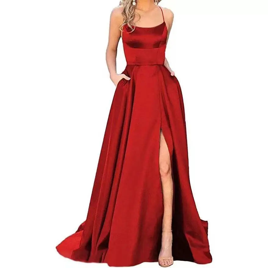 Women's Banquet Slit Long Dress With Small Tail Suspender Solid Color Banquet Evening Dress Long Dress