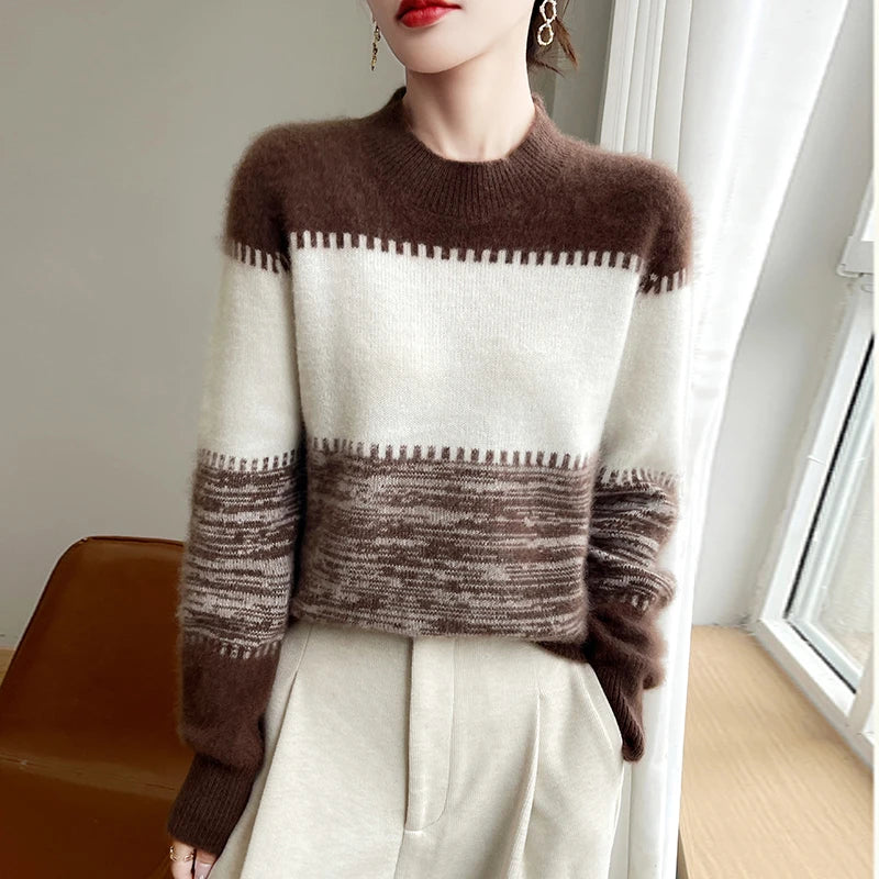 Half Turtleneck Women's Sweater Fashion Colorblock Wool Sweater Warm All-Matching Pullover