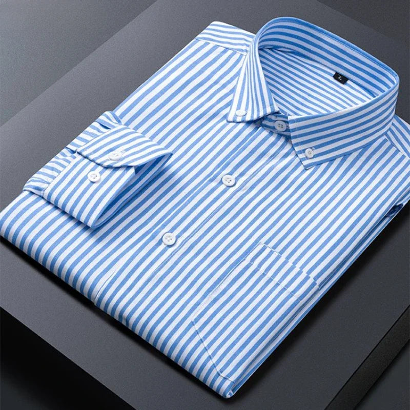 Men's Striped Shirts Formale Casual Printed Plaid Shirt Long Sleeve Slim Fit Botton Down Male Office Business Dress Shirt