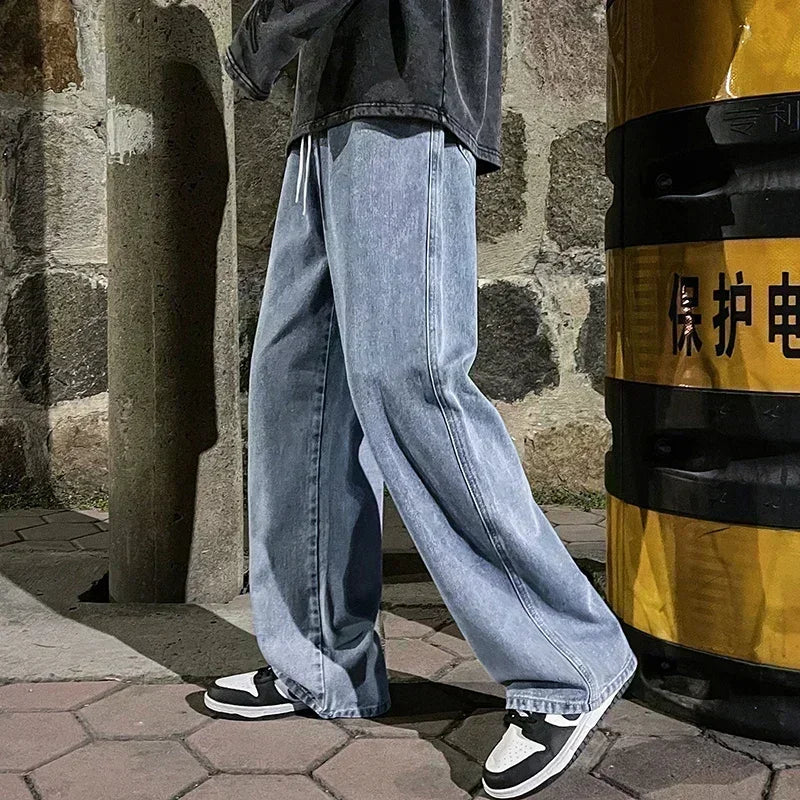 New Streetwear Loose Jeans Men Korean Style Fashion Loose Straight Wide Leg Pants Men's Brand Clothing Black Light Blue