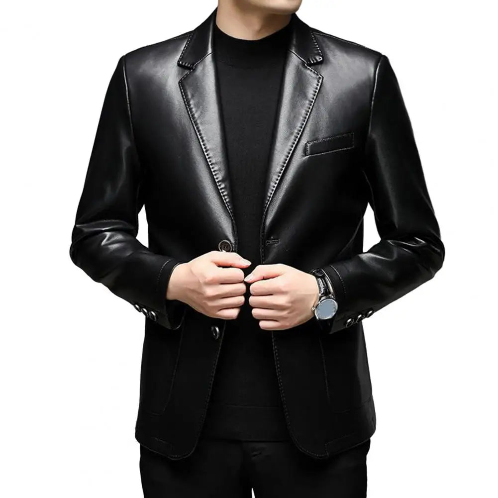 Men Jacket with Button Decoration Long-lasting Wear Men Jacket Stylish Lapel Collar Men's Leather Jacket for Outdoor for Men