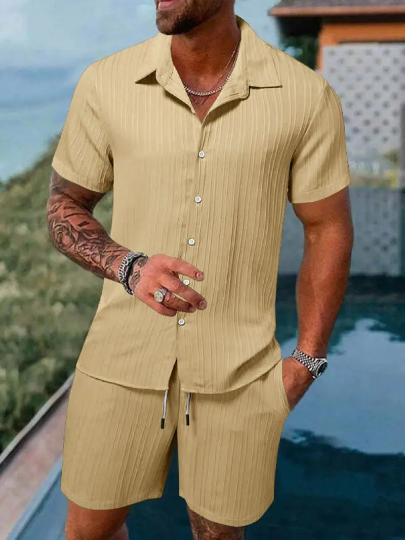 Men's Beach Suit, Striped and Solid Color Short Sleeve Shirt with Shorts, Sports Casual, Breathable, Lightweight, High-Quality Men's Wear.