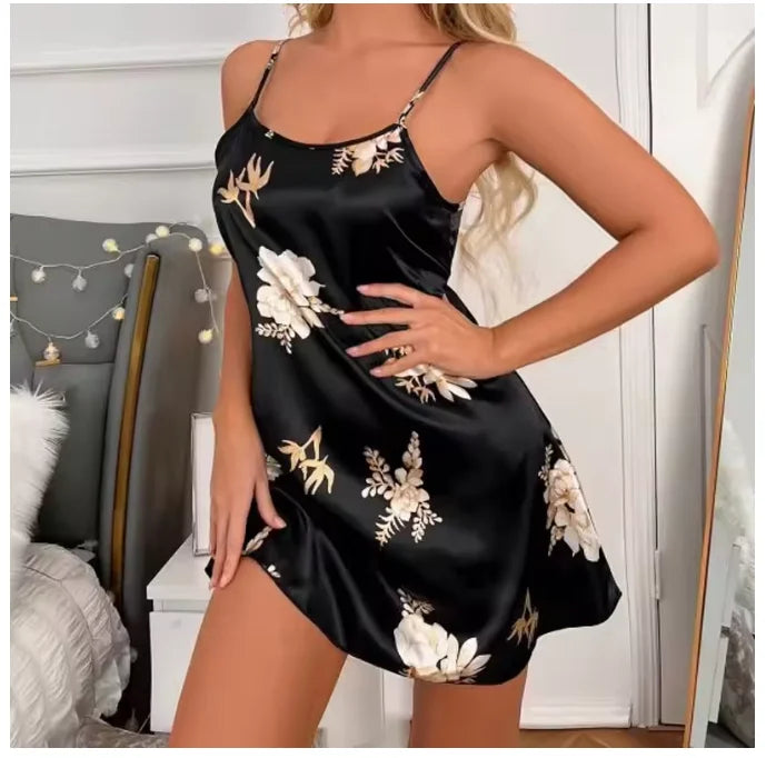 Women Nightwear Home Clothes Sexy Black Floral Printing Nightdress Sleepwear Nightshirts Silk Sleepshirts Nightgowns For Woman