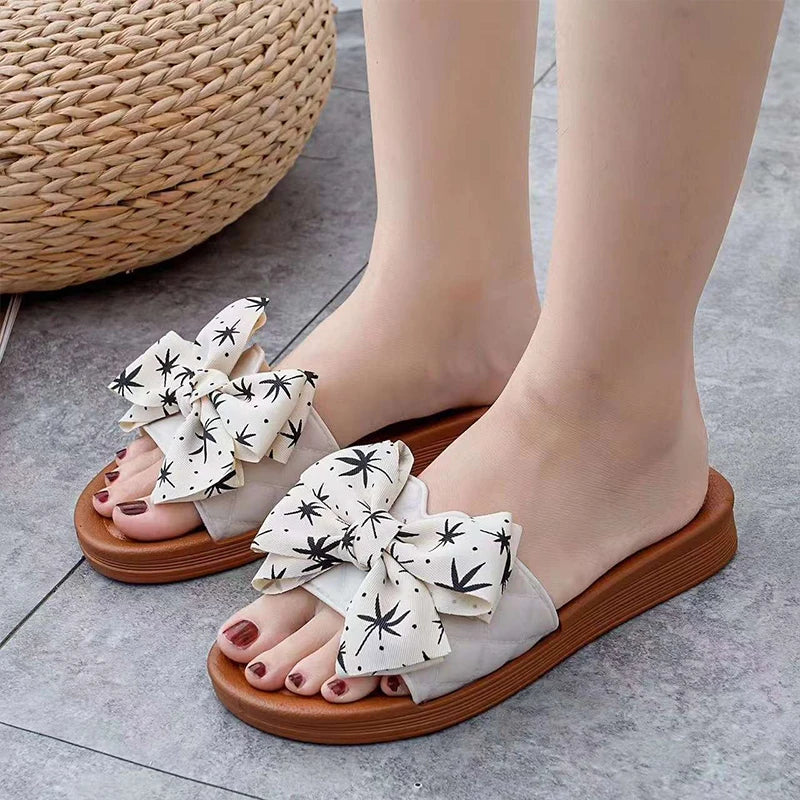 PVC Bow Women Sandals 3cm Thick Casual Shoes One line Elevated Flat Bottom Slippers