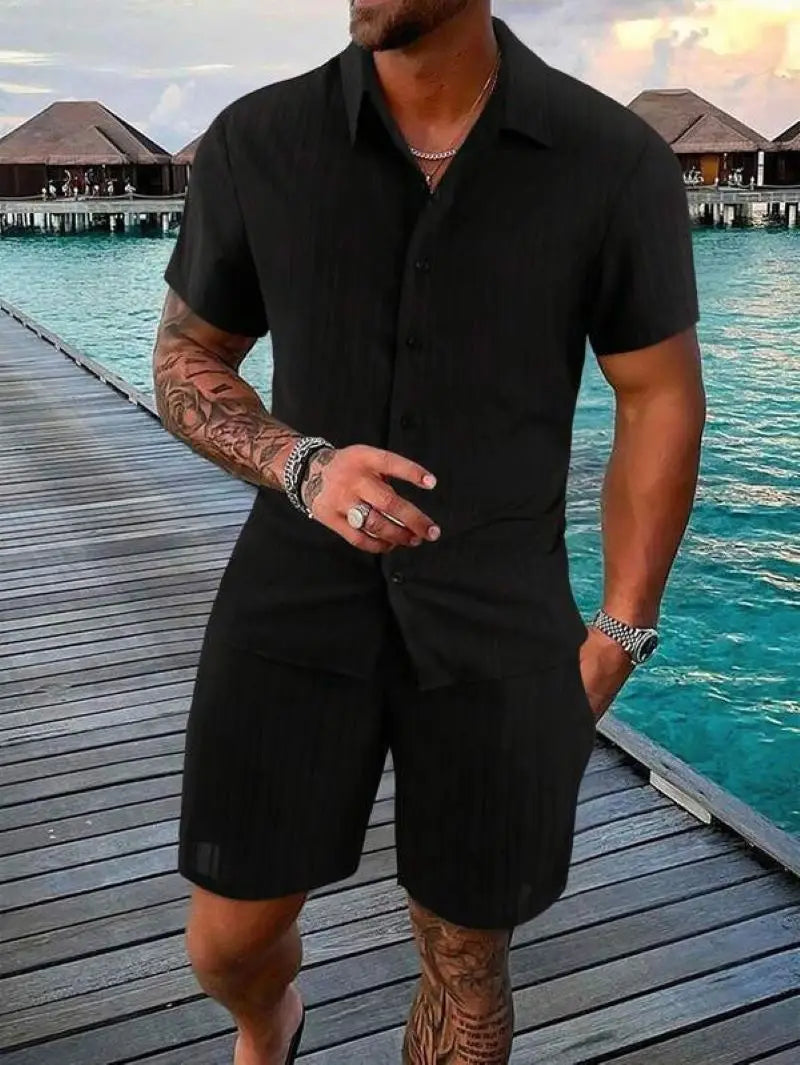 Men's Beach Suit, Striped and Solid Color Short Sleeve Shirt with Shorts, Sports Casual, Breathable, Lightweight, High-Quality Men's Wear.