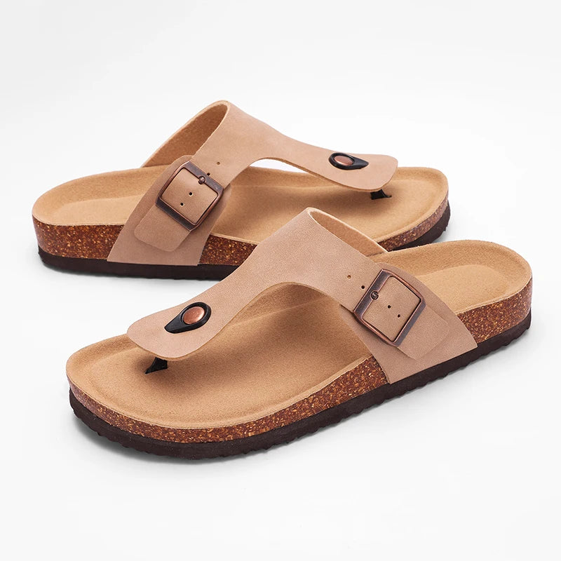 Flat Flip Flops Mens Cozy Casual Bedroom Sandals Summer Cork Slippers For Men Soft Sole Home Slides With Arch Support