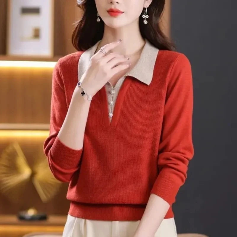 Sweater Women Pullover All-Match Turn-Down Collar Color Blocking Fake Two Pieces Sweater Knitted Female