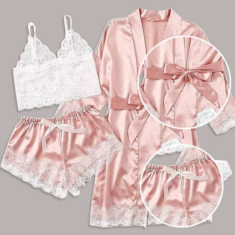 Four Piece Women's Sleepwear Set Nightgown Paired with Lace See Through Sexy Suspender Close Fitting Underwear Sleepwear Set