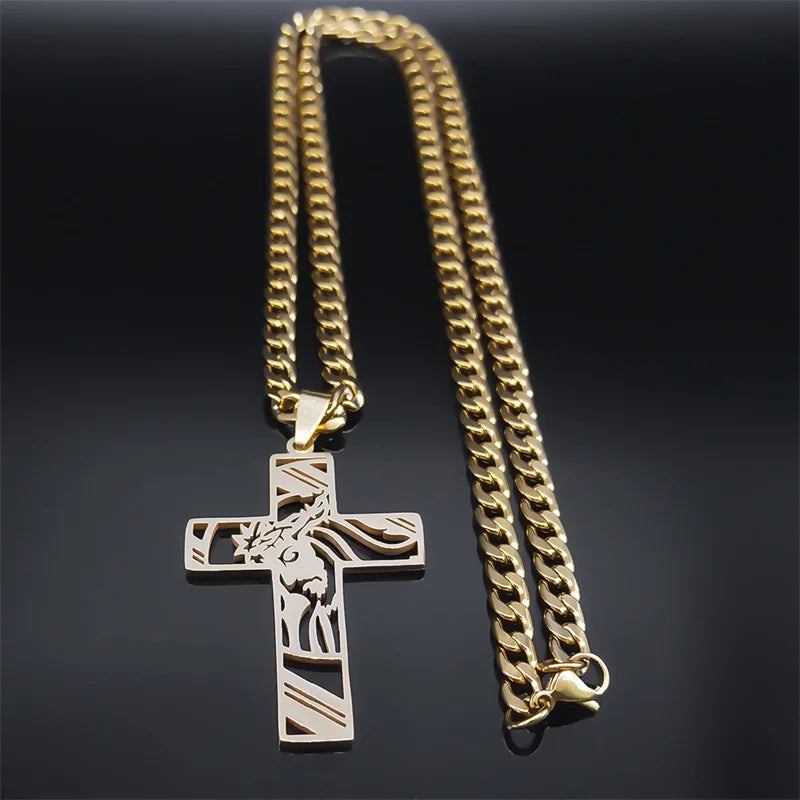 Hip Hop Punk Crown of Thorns Jesus Cross Necklace for Men Stainless Steel Gold Plated Crucifix Pendant Necklaces Jewellery