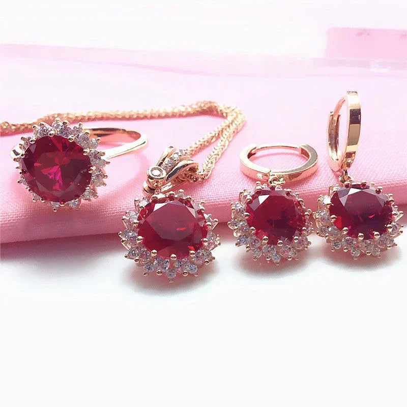 Ruby Flower Jewellery Sets Plated with 14K Rose Gold Luxury Crystal Wedding Dinner Gift Ring Necklace Earrings for Women