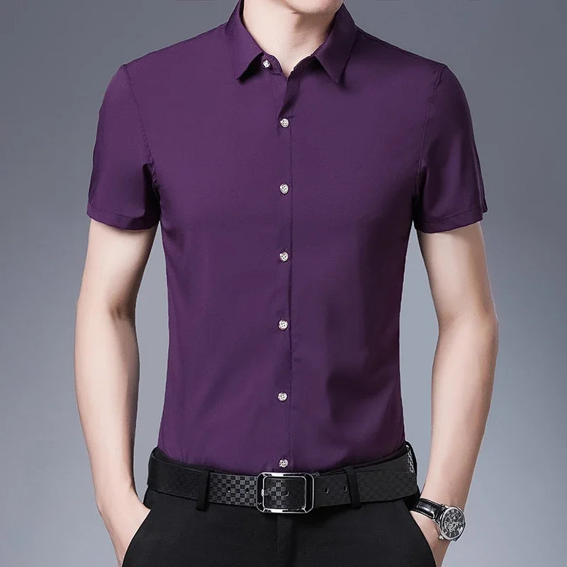 Men's Business Casual Solid Color Short Sleeved Shirt Non Ironing Comfortable Top