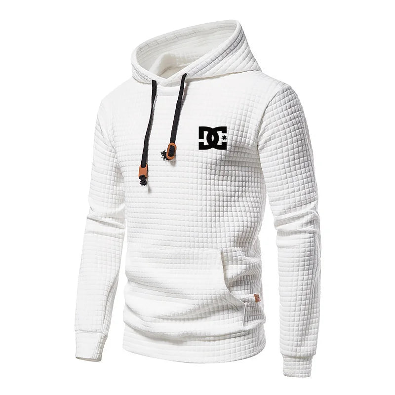 New Autumn And Winter European Men's DC Letter Printed Casual Large Pocket Hoodie Pullover Small Grid Jacquard