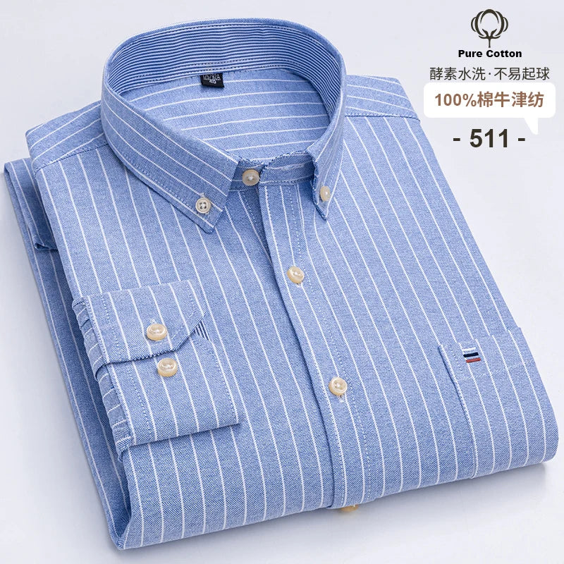 100% Cotton Oxford Men's Shirts Long Sleeves Plaid Soft Regular Fit Formal Dress