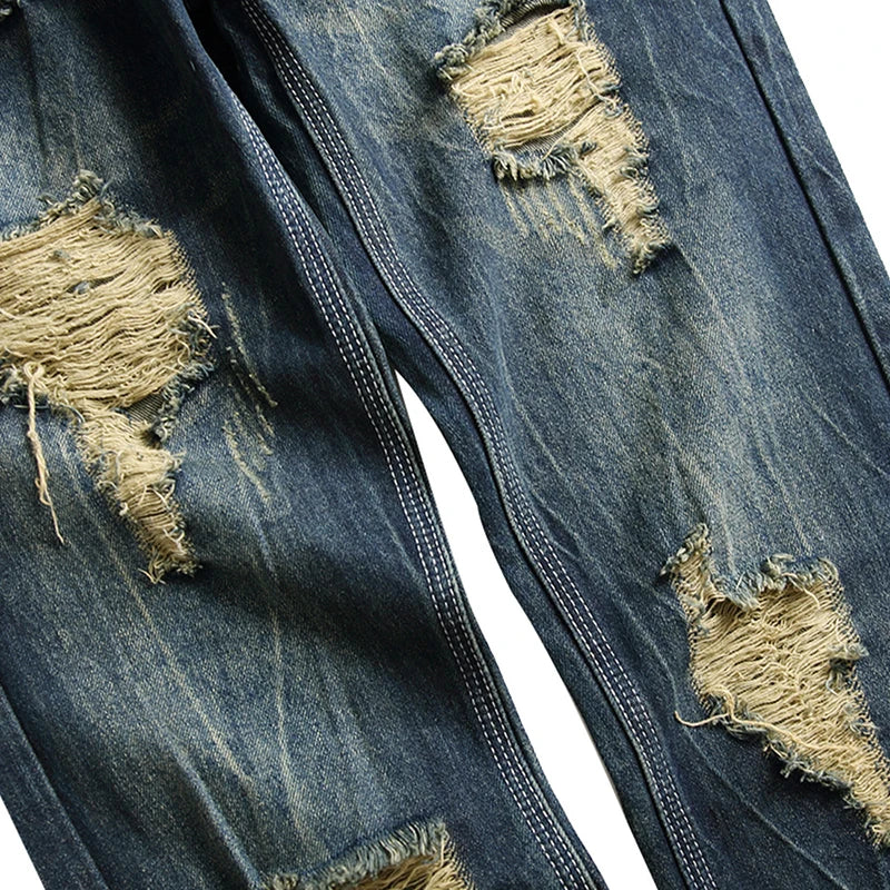 Denim Casual Ripped Trousers Men's Fashion Long Plus Size 28-42 Jeans Hole Ruined Ripped Cotton s Dark Blue Dropship