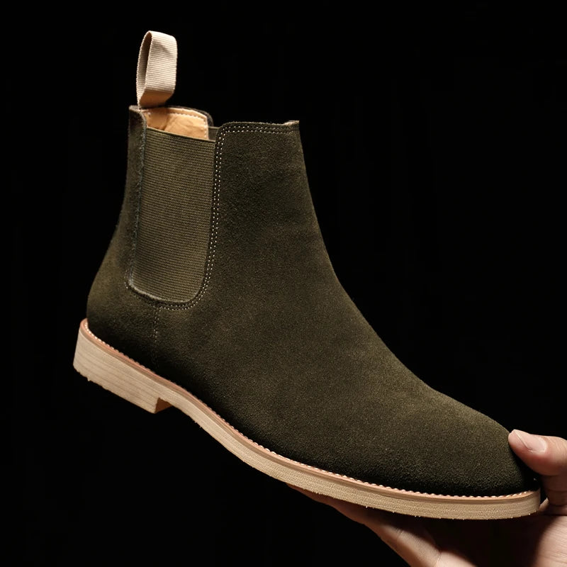 British Style Men's Genuine Suede Leather Chelsea Boots High-top Business Dress Shoes Fashion Warm Winter Men Riding Boots