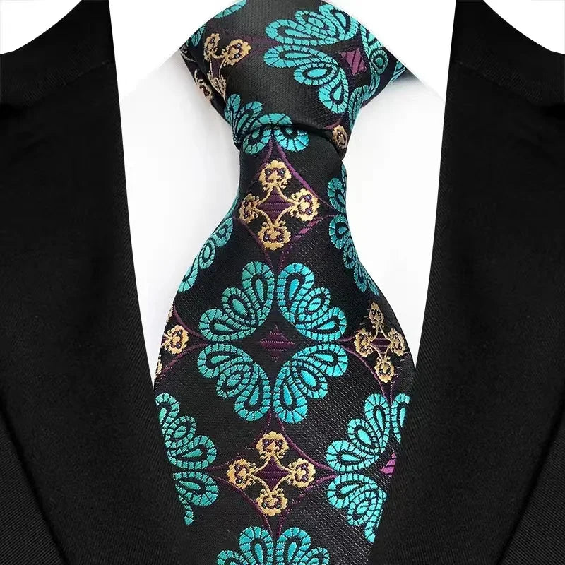 Luxury 8CM Mens Necktie Green Color Stripes Floral Solid Ties For Man Groom Jacquard Woven Neck Tie For Business Wedding Party