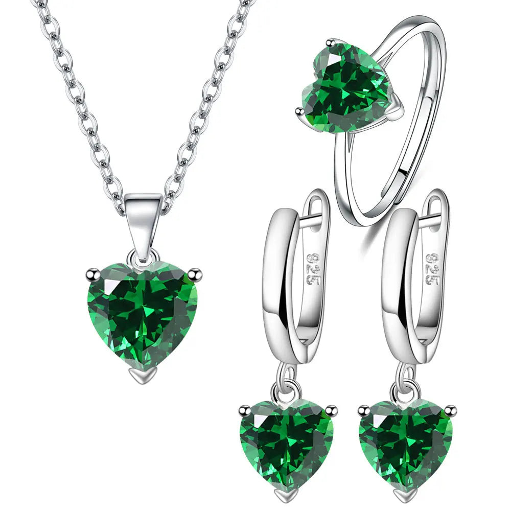 925 Sterling Silver Jewellery Sets For Women Heart Zircon Ring Earrings Necklace Elegant