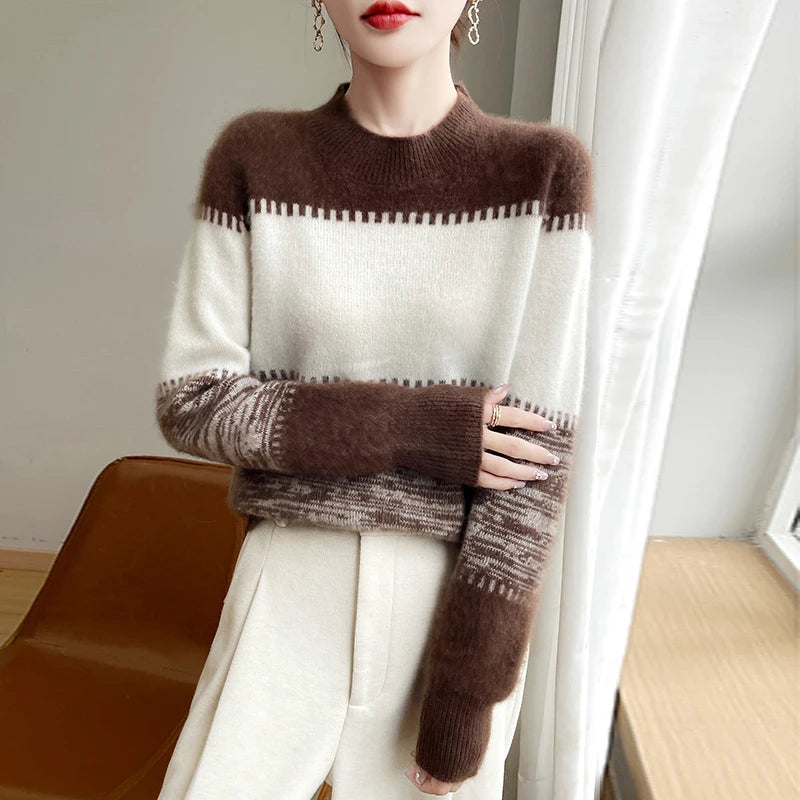 Half Turtleneck Women's Sweater Fashion Colorblock Wool Sweater Warm All-Matching Pullover