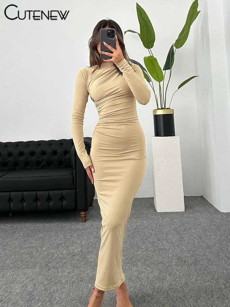 Women's Elegant Solid O-neck Patchwork Maxi Dress Full Long Sleeves Body-shaping Robe Lady Evening Attirewear Vestidos