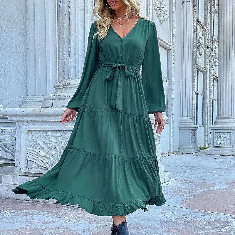 Women Casual Long Sleeve v Neck Fall Dress Bohemian Ruffled Relaxed Fit Solid Maxi Dresses Tiered Cocktail Dress