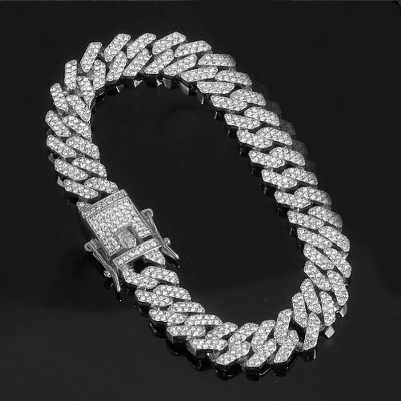 Hip Hop 13MM Rhinestones Prong Iced Out Cuban Link Chain Bracelet Men Women Gold Color Bling Butterfly Cuban Bracelet Jewellery