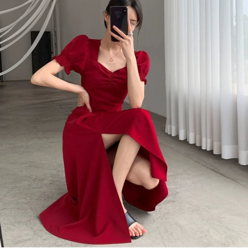 Solid Puff Short-Sleeved Elegant Dress Women Clothing Slim Evening Party Dresses