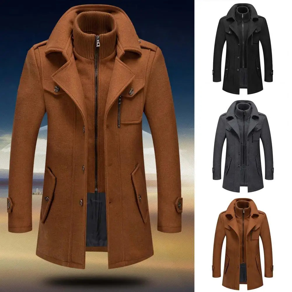 Stylish Coat Temperament Zipper Buttons Coat Solid Color Autumn Winter Men Jacket for Business