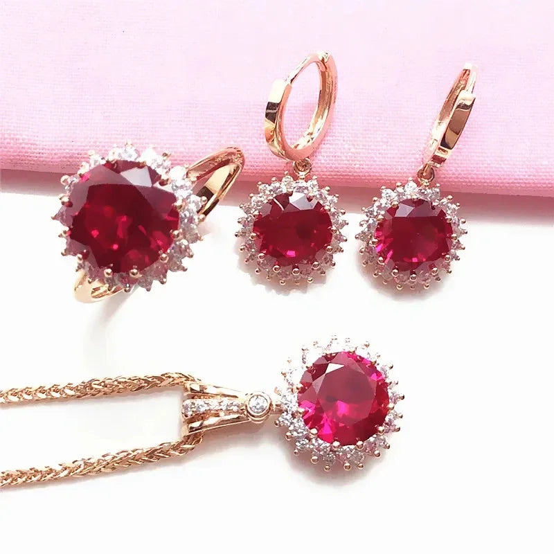 Ruby Flower Jewellery Sets Plated with 14K Rose Gold Luxury Crystal Wedding Dinner Gift Ring Necklace Earrings for Women