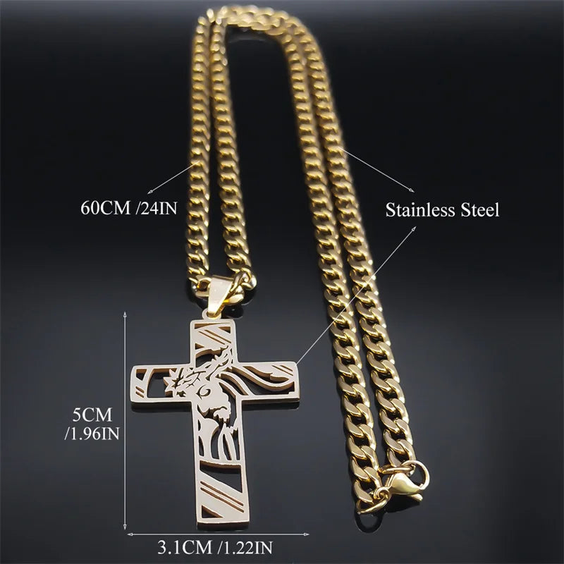 Hip Hop Punk Crown of Thorns Jesus Cross Necklace for Men Stainless Steel Gold Plated Crucifix Pendant Necklaces Jewellery