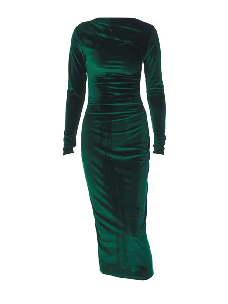 Velvet Long Sleeve Midi Dress For Women Ruched Long Dress Elegant Party Clothes Evening Green Outfits