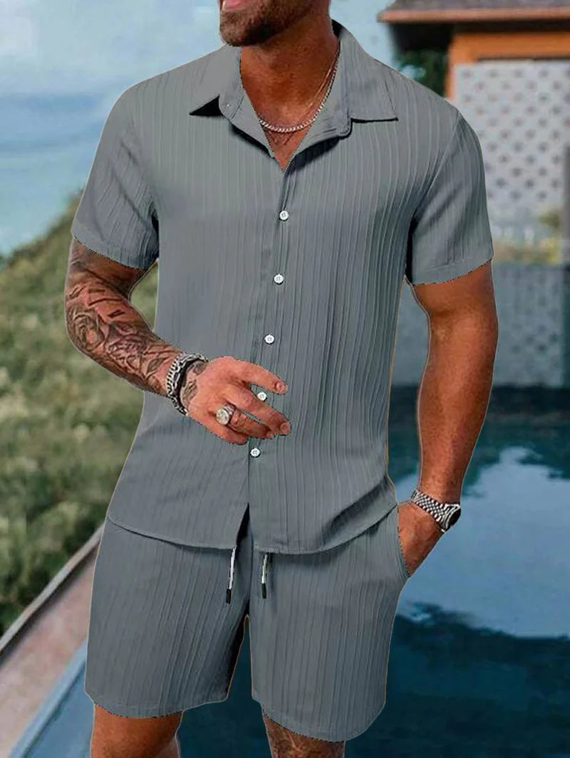 Men's Beach Suit, Striped and Solid Color Short Sleeve Shirt with Shorts, Sports Casual, Breathable, Lightweight, High-Quality Men's Wear.