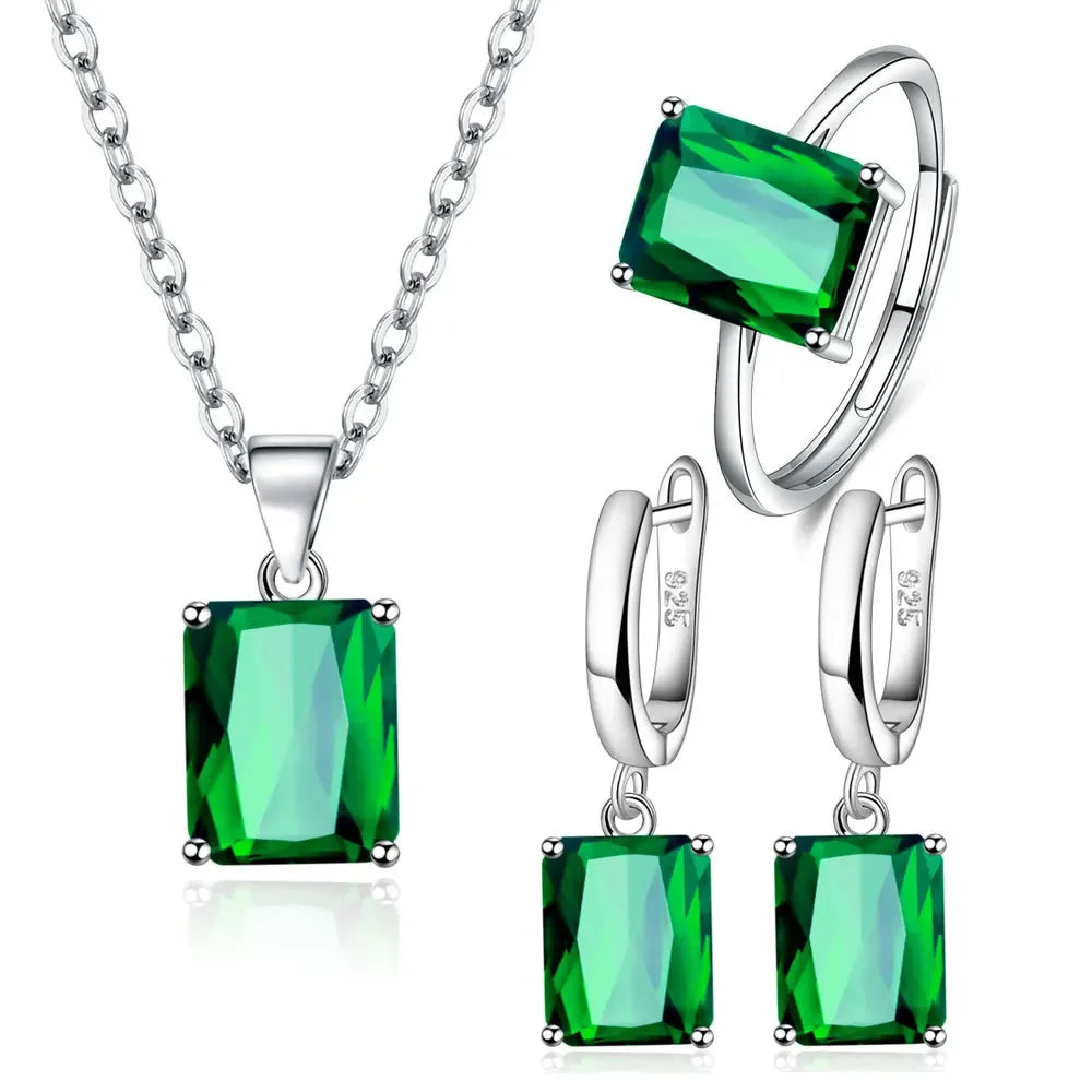 925 Sterling Silver Ring Earrings Necklace For Women Rectangle Geometry Zircon Wedding Elegant Jewellery Sets