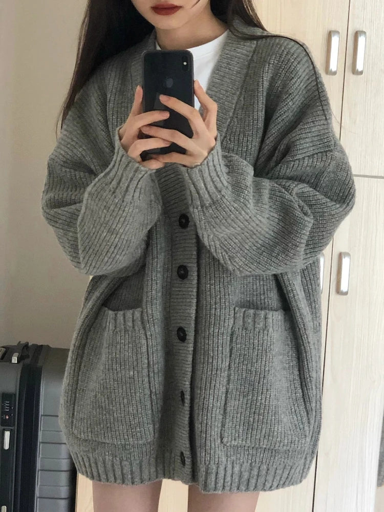 Women Cardigan Sweater Coats Fashion Female Long Sleeve V-neck Loose Knitted Jackets Casual Sweater Cardigans