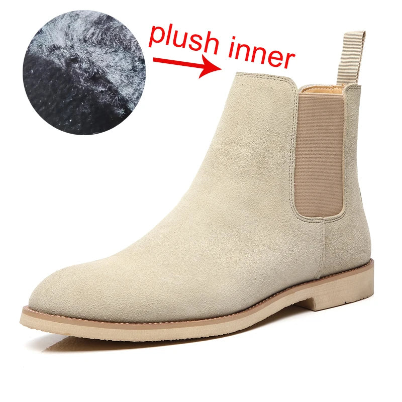 British Style Men's Genuine Suede Leather Chelsea Boots High-top Business Dress Shoes Fashion Warm Winter Men Riding Boots