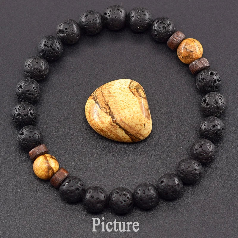 Natural Yellow Tiger Eye Bead Bracelet Men Women Black Volcanic Lava Wristband Tibetan Buddha Elastic Rope Couple Stone Bracelet