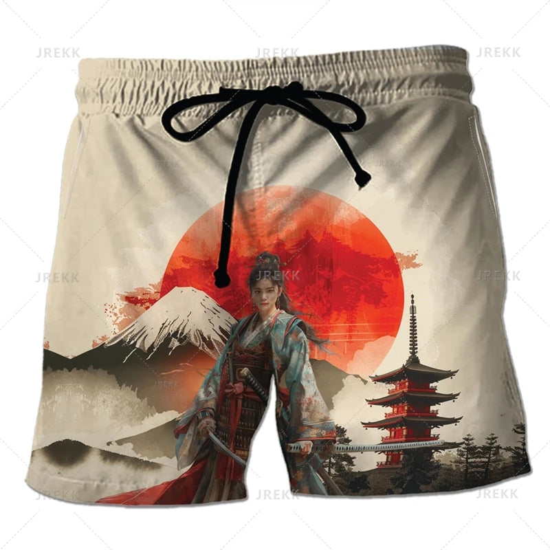 3D Japanese Samurai Warrior Printing Beach Shorts For Men Fashion Cool Streetwear Swimming Trunks Mens Clothing